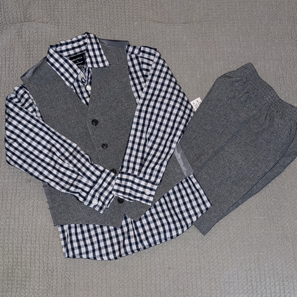Nautica Gray and Blue Plaid Collar Shirt, Gray Vest & Pants